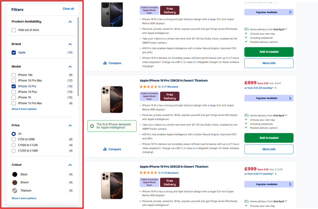 AO.com Search Filters